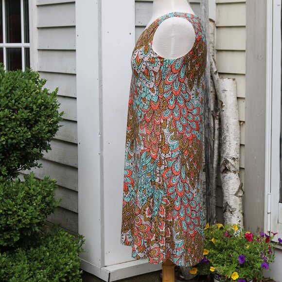 Anne Klein Aqua Peacock Feather Print Sleeveless Poly Knit V-Neck A-Line Dress 2 - Picture 3 of 6